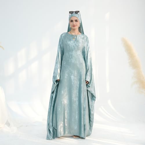 ODIZLI Abayas For Women Muslim Metallic Shiny Hijab Prayer Dress Arabic Kaftan Dubai Turkey Islamic Dress - color: Peacock Blue, size: Size Two