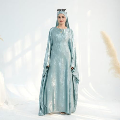 ODIZLI Abayas For Women Muslim Metallic Shiny Hijab Prayer Dress Arabic Kaftan Dubai Turkey Islamic Dress - color: Peacock Blue, size: Size Two