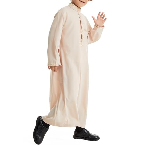 Muslim Thobe for Boys Islamic Thobe Long Sleeve Kaftan Stand Collar Button 𝐑obe Kids Ramadan Eid Outfit Prayer Clothes - color: Beige, size: 9-10 Years