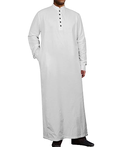 Jacansi Men's Muslim Buttoned Thobe Long Tunic, Oversized & Extra Long, Arabic Style with Pockets - color: White, size: Medium