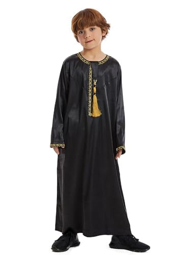 Qianliniuinc Boy's Islamic Dress Round Collar - Youth Long Sleeve Muslim Thobe Arabic Robe Embroidery Clothes with Pockets - color: Black B, size: 120CM