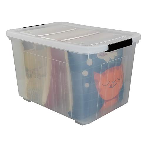 Kekow 70 L Clear Large Storage Box, Plastic Latch Box with Wheels, 4-Pack | Extra Large Capacity, Locking Snap Lid, Easy-Glide Wheels, Sturdy Plastic Build, for Closet Garage Basement Storage - size: 70 L