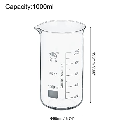 PATIKIL 1000ml Tall Form Glass Beaker, 2 Pack 3.3 Borosilicate Glass Graduated Printed Scale Measuring Cups with Spout for Kitchen Lab Liquids Transit Boiling - size: 1000ml