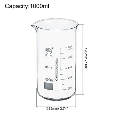 PATIKIL 1000ml Tall Form Glass Beaker, 2 Pack 3.3 Borosilicate Glass Graduated Printed Scale Measuring Cups with Spout for Kitchen Lab Liquids Transit Boiling - size: 1000ml