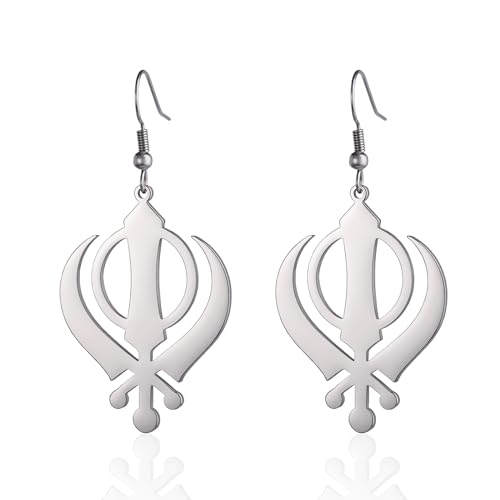 VASSAGO Sikhism Necklace Sikh Khanda Sword Necklace for Women Men - color: Silver Khanda Earrings