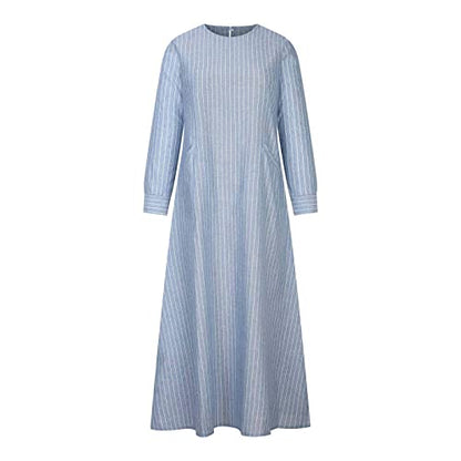 Lmdudan Muslim Dresses - Ladies Robe Dress Islamic Abaya - Cotton Linen Dress - Stripe Conservative Prayer Clothes - color: 1*blue, size: X-Large