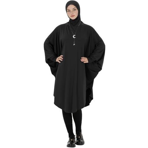 Muslim Abaya Dress for Women Highly Stretchy Batwing Hooded Prayer Hijab - color: Black, size: Large
