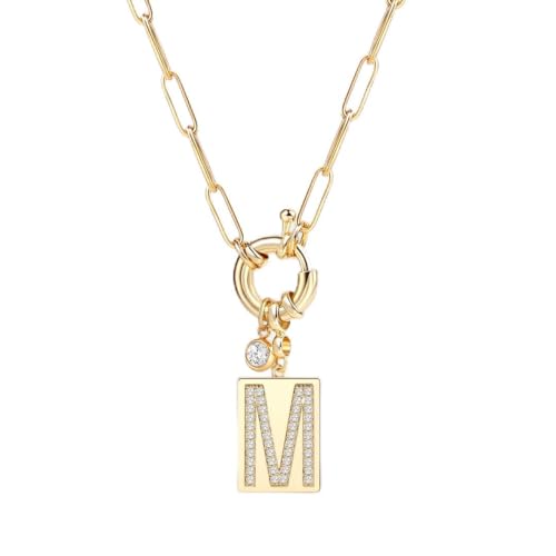 Mint & Lily Gold Initial Necklace for Women – 18K Gold Plated 24” Paperclip Chain with Sparkling Letter Pendant - style: Letter: M