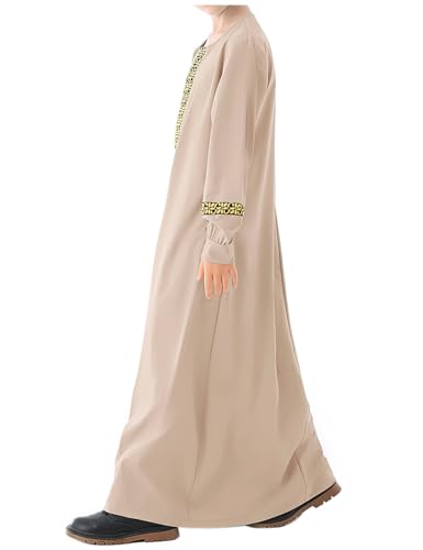 WSPLYSPJY Long Sleeve Abaya for Girls Muslim Islamic Dresses Kids Printed Maxi Prayer Clothes Robe - color: Light Khaki, size: 5-6 Years