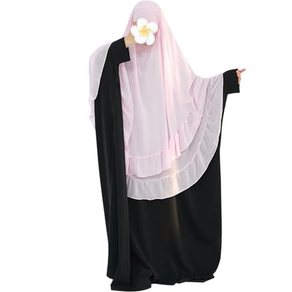 khalat Women's Hijab Chiffon Hijab for Women Muslim 2 Layers Ruffle Lightweight Large Hijab - color: Pink