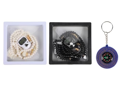 Islamic Tasbih Prayer Beads & Digital Tasbeeh Counter Set, 2 Pieces Elegant Beads with LCD Finger Counter, Elegant Islamic Gift for Dhikr Meditation Ramadan & Eid (Black, White)