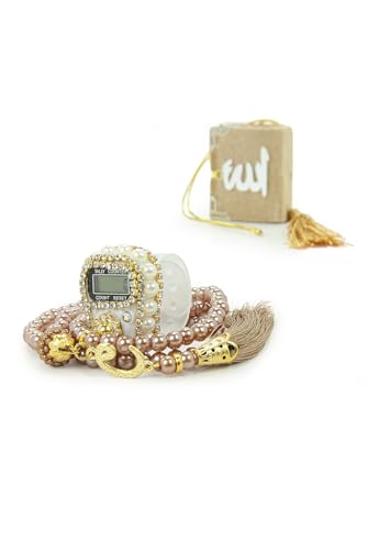 ihvan online Mini Velvet Quran Set with Islamic Finger Counter, Portable Digital Tasbeeh, Muslim Prayer Beads, Pearl Zikirmatic Beads, 3 Pieces Gift Set for Mevlüt (Gold) - color: Gold