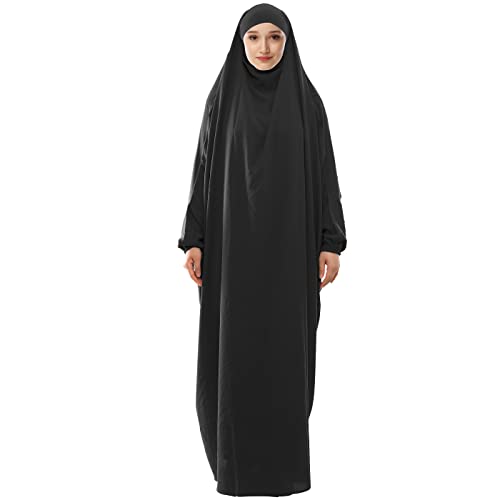 Lenmipot Muslim Prayer Dress Islamic Jilbab Eid Formal Gown 1 Piece Saudi Loose Covered Dress - color: Black, size: Free size