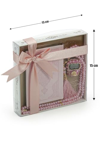 İhvan Online Medina Calligraphy Quran Set with Islamic Finger Counter, Portable Digital Prayer Tasbeeh, Pearl Zikirmatic Beads, 3 Pieces Gift for Ramadan & Eid & Mawlid (Pink) - color: Pink