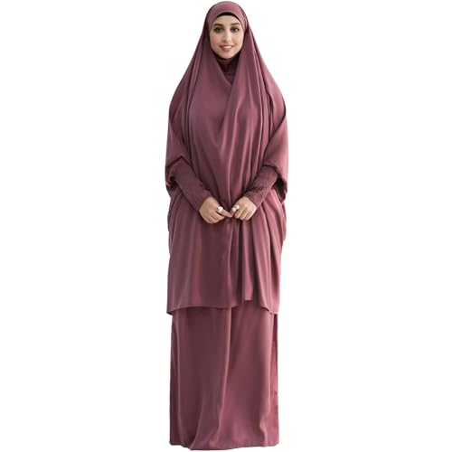 Muslim Women Abaya Two Pieces Set Prayer Dress Elasticated Sleeves Islamic Robe Modest Full Cover Prayer Clothes - color: Purple