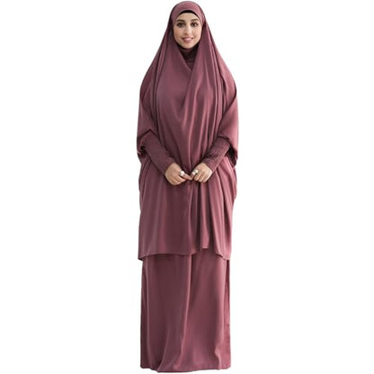 Muslim Women Abaya Two Pieces Set Prayer Dress Elasticated Sleeves Islamic Robe Modest Full Cover Prayer Clothes - color: Purple