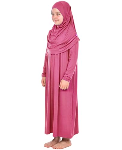 Prien Kids Prayer Dress Muslim Clothes for Girls Long Sleeve Abaya with Hijab Two Piece Maxi Islamic Set Scarf Kaftan Jilbab - color: Dusty Rose