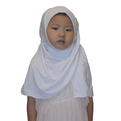 Soft Instant Hijab for Kids Girls Muslim Headscarf Islamic Scarf Shawl Wrap with Flowers - color: White-2 Flowers