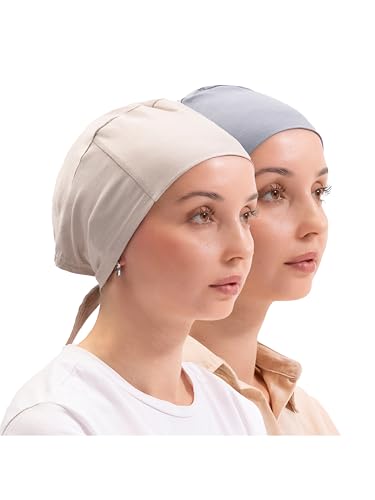 FabNest Women Hijab Undercap Islamic Muslim Under Scarf Hats Bonnet with Tie Back Non-Slip Breathable and Snug-Fit - color: Sand Beige + Gray (2pcs)