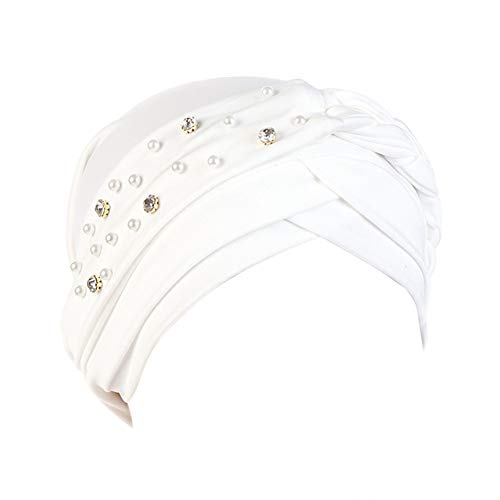 beauty YFJH Women Beaded Pre-Tied Turban, Chemo Beanie for Cancer Hair Loss - color: White