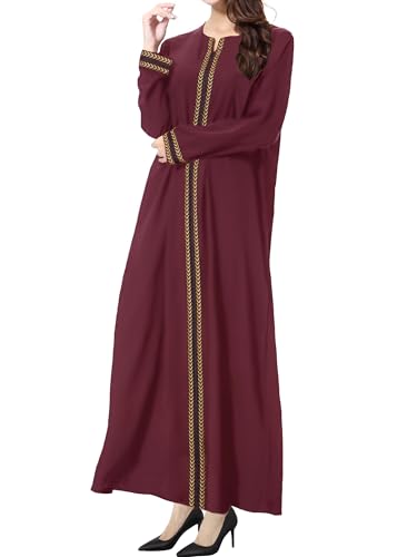 WSPLYSPJY Embroidered Abaya Muslim Dresses for Women Prayer Robe - color: Wine Red, size: Large