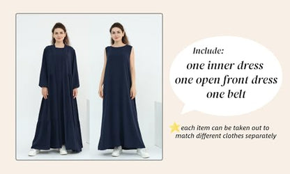 Prlemend Two-Pieces Abaya for Women Muslim Robe with Belt Prayer Dress Set | 2PCs, with Belt, Cake Skirt - color: Dark Blue, size: Medium