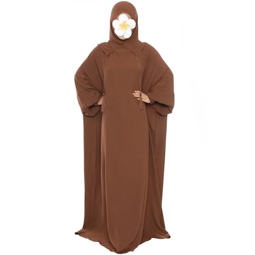 khalat Muslim Prayer Dress Abaya Solid One-Piece Hoodie Abaya Dress for Women Long Maxi Dress Islamic Dubai Jilbab - color: Coffee