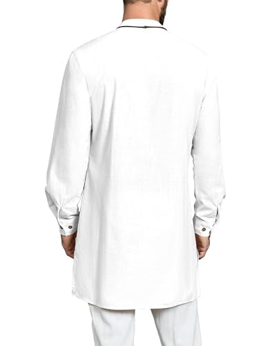 Gafeng Mens Kaftan Thobe Long Sleeve Robe Gown Casual Cotton Linen Button Muslim Shirt - color: White-, size: XX-Large