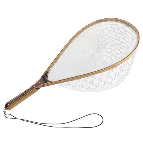 Riverruns Fly Fishing Net Landing Net Wooden Net Soft Rubber Mesh Trout Net Freshwater Saltwater Fishing Net with Safety Cord Net Gifts for Father Men - color: Ergonomic Grip Handle