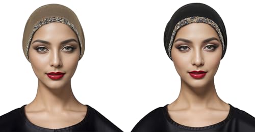 PURFUN 2 Pcs Muslim Inner Hijab Caps Women Girls Stretchy Breathable Full Cover Undercap Tube Bonnet Under Scarf Hats Beanie - color: Black+khaki/2pcs
