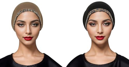 PURFUN 2 Pcs Muslim Inner Hijab Caps Women Girls Stretchy Breathable Full Cover Undercap Tube Bonnet Under Scarf Hats Beanie - color: Black+khaki/2pcs