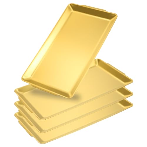 4-Piece Gold Serving Trays Set: Luxurious Gold Trays for Decor & Food Display, 14.21" x 7.95" Brushed Stainless Steel Platters for Parties & Dining