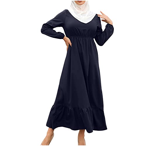 Ctreela Muslim Abaya Dress for Women Long Sleeve Tunic Islamic Prayer Dress Abaya Kaftan Dubai Dress Middle East Clothes - color: Dark Blue, size: Small