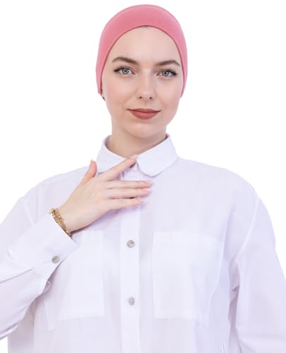 Prien Women Cotton Hijab Cap, Stretchy Head Cover, Pre-Sewn Inner Muslim Scarf Undercap, Non Slip Headband for Daily Wear - color: Dusty Rose