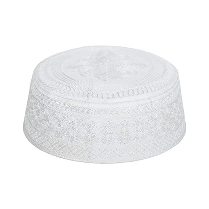 Mens Muslim Hat Islamic Prayer Cap, Muslim Eid Prayer Embroidered Kufi Fat Ramadan Mosque Arab Indian Prayer Cap - color: White