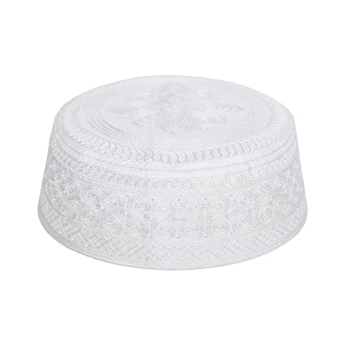 SIQITECHNO Men Muslim Prayer Kufi Hat Embroidered Kofia Topi Islam Kufi Hat Arab Hajj Mosque Prayer Headwear Ramadan Eid - color: White