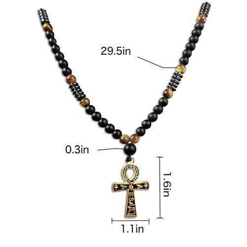 Ankh Cross Pendant Ancient Egyptian Hieroglyphic Symbol of Health and Eternal Life Men Cross Necklace with Tiger Eye Stone Obsidian Hematite Triple Protection Crystal Beads Chain - color: Black-Gold