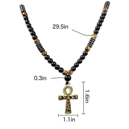 Ankh Cross Pendant Ancient Egyptian Hieroglyphic Symbol of Health and Eternal Life Men Cross Necklace with Tiger Eye Stone Obsidian Hematite Triple Protection Crystal Beads Chain - color: Black-Gold