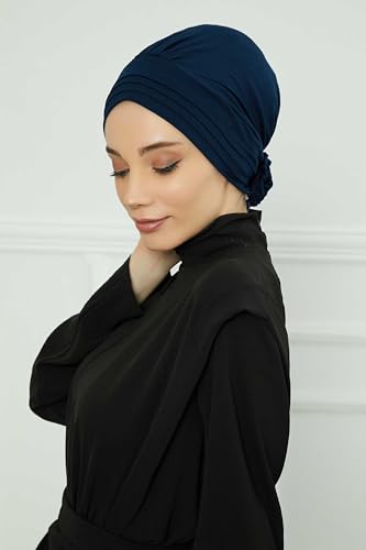 Aisha's Design Instant Turban Head Wraps for Women, Combed Cotton Scarf Lightweight Pre tied Hijab with Back Rose Detail - color: Navy Blue