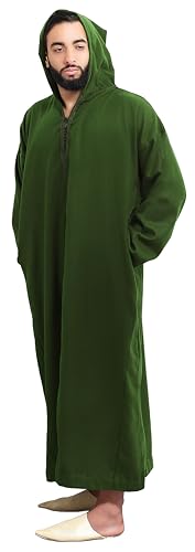 Moroccan Men Djellaba with Hood – Handmade Winter Jellaba Cotton Kaftan with Delicate Embroidery, Caftan Fits L–XL - color: Green