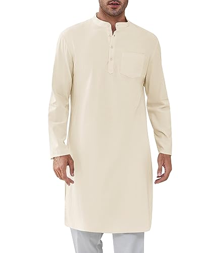 Gafeng Mens Kaftan Robe Button Down Long Sleeve Henley Cotton Thobe Casual Side Split Gown Shirt - color: Beige, size: X-Large