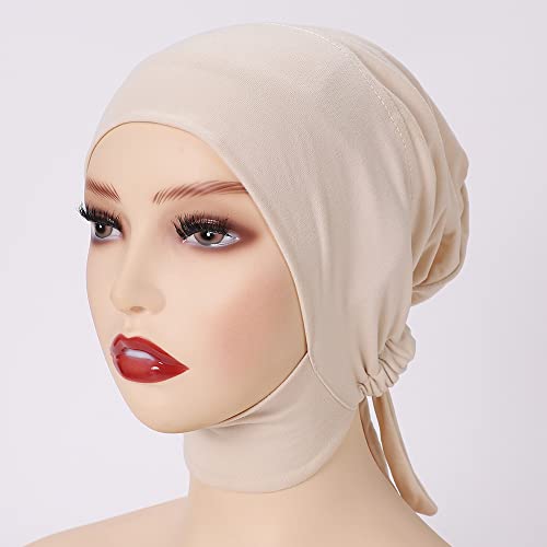 4 Pieces Muslim Hijab Inner Cap Cover Chin with Tie Back Stretchy Islamic Underscarf Underwrap Bonnet Turban Hat - color: Grey Beige Pink Wine