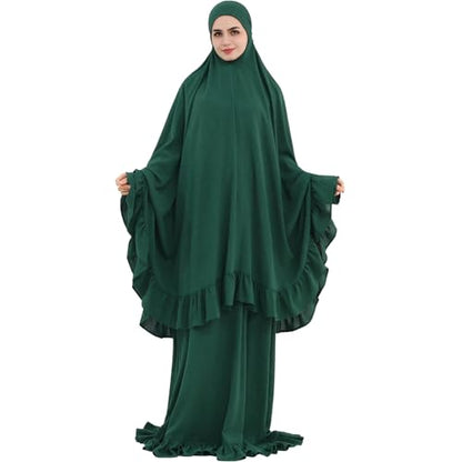 2PCS Abayas for Women Muslim Dress Ruffled Hem Modest Prayer Robe Full Coverage Modest Jilbab Set - color: Dark Green, size: Large