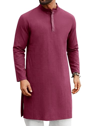 Runcati Mens Kaftan Thobe Button Down Henley Shirts Long Sleeve Kurta - color: Burgundy, size: XX-Large