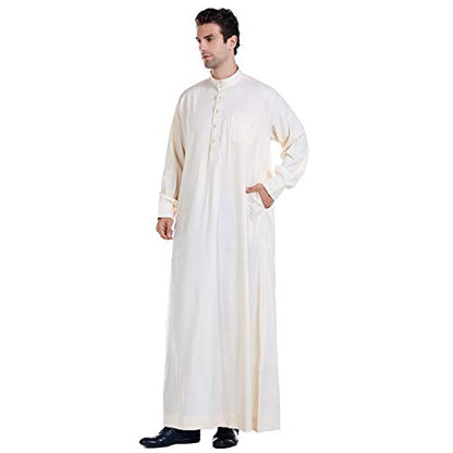 Men Arabic Long Sleeve Pure Color Thobe Crew Stand Collar Kaftan Robe with Button - color: Beige, size: 3X-Large