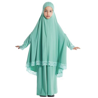 IBTOM CASTLE Little Girls Muslim Prayer Dress Abaya Long Sleeve Full Cover Lace Hijab Kaftan Dubai Islamic Modest Eid Jilbab - color: Green, size: 4-5T