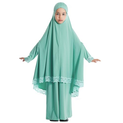 IBTOM CASTLE Little Girls Muslim Prayer Dress Abaya Long Sleeve Full Cover Lace Hijab Kaftan Dubai Islamic Modest Eid Jilbab - color: Green, size: 4-5T