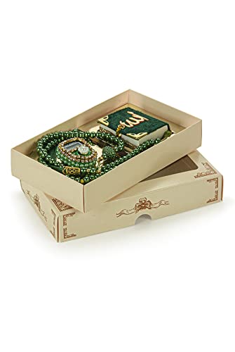 İhvan Online Mini Velvet Quran Set with Islamic Finger Counter, Portable Digital Tasbeeh, Muslim Prayer Beads, Pearl Zikirmatic Beads, 3 Pieces Gift Set for Mevlüt, Green - color: Green