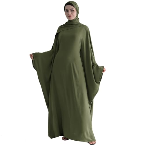 ODIZLI Abayas 여성용 무슬림 두바이 풀 커버 카프탄 셔츠 드레스 배트윙 슬리브 히잡 기도 드레스 - color: 아미 그린 + 히잡, size: Two