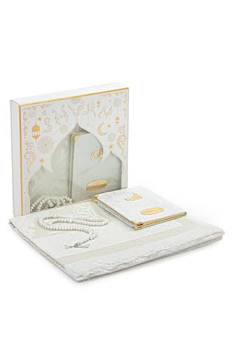 ihvan online Prayer Gift Set for Men & Women, Muslim Taffeta Prayer Rug, Salah Mat, Beads Rosary, Velvet Covered Yaseen Islamic Gift Set for Ramadan & Eid, White - color: White
